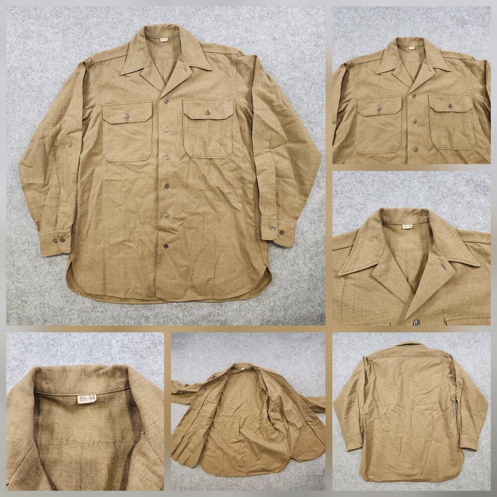 Vintage US Army Wool Shirt Mens‎ 15.5 34 Khaki Button Front Military Uniform 50s